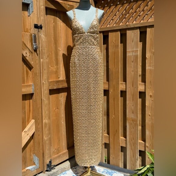 🆕 BRONX & BANCO 🧿 NWOT Allegra Gold Sequin & Beaded Maxi Dress, Sz M US 6 - Picture 6 of 16